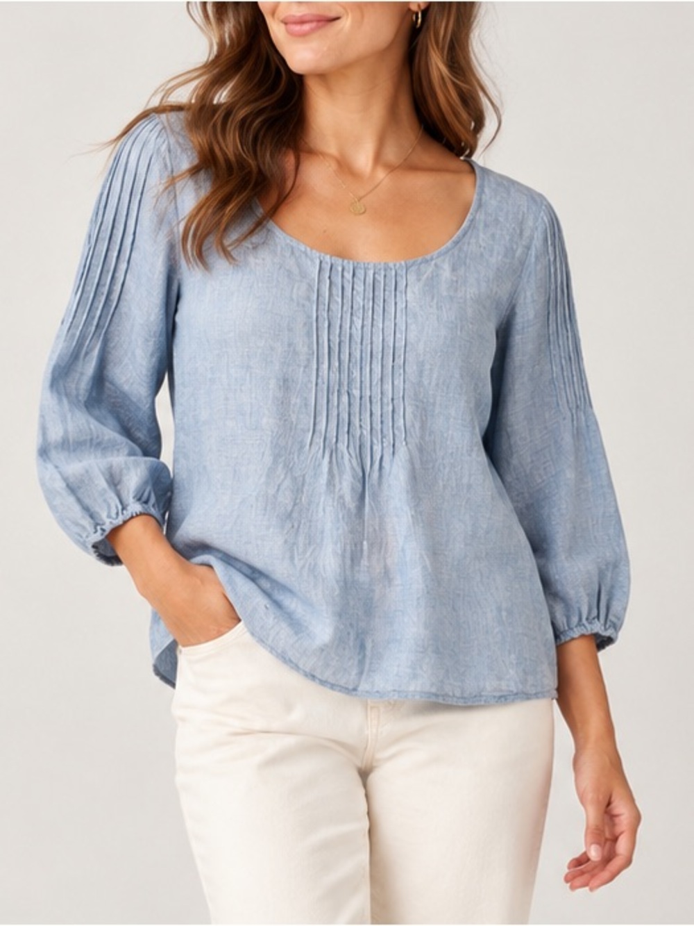 Willi Smith 100% Linen Blue Pintuck Lagenlook Blouse Balloon Sleeve L Minimalist
